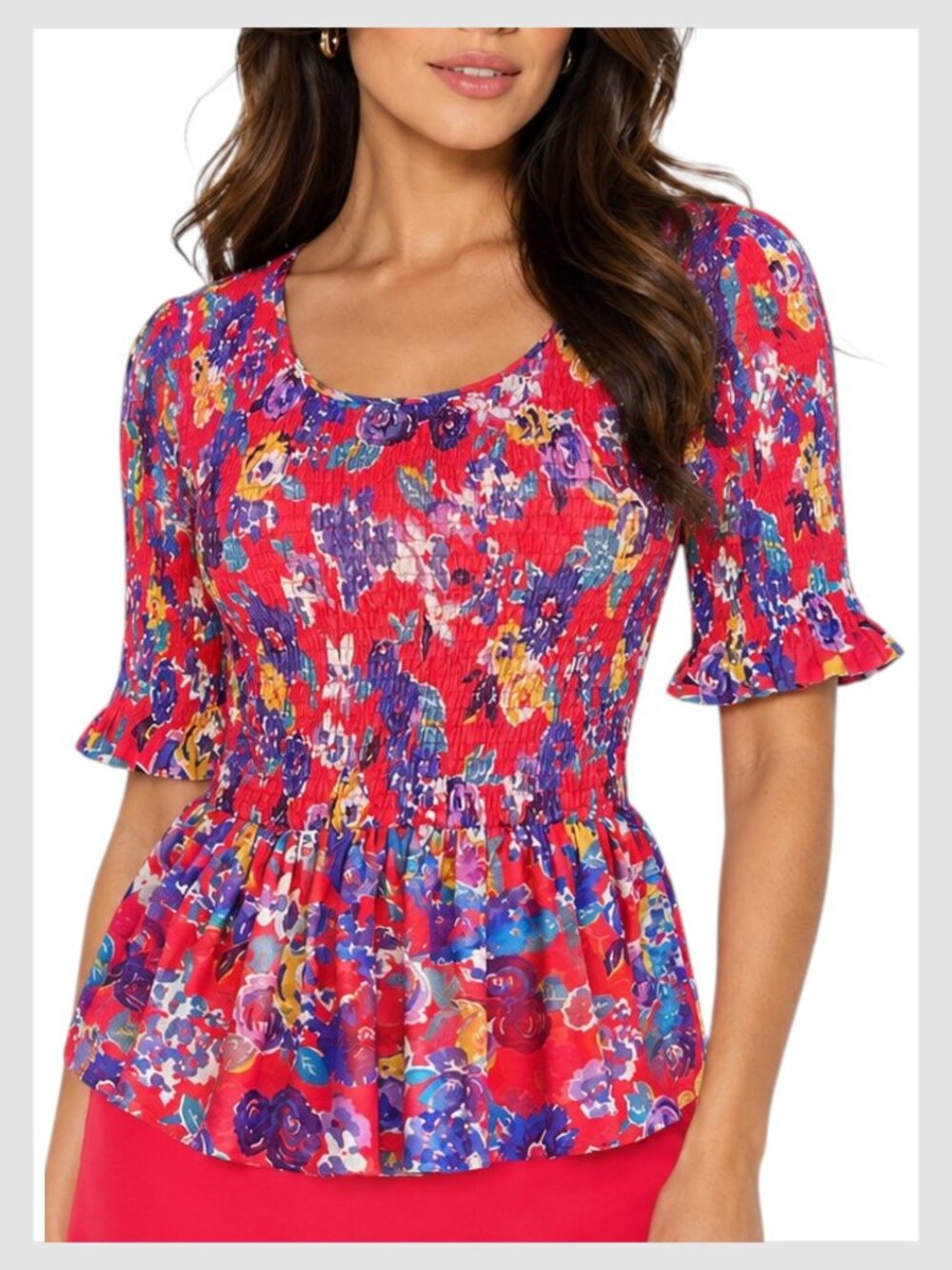 Anthropologie Maeve Ashton Smocked Peplum Top Red Floral Size S